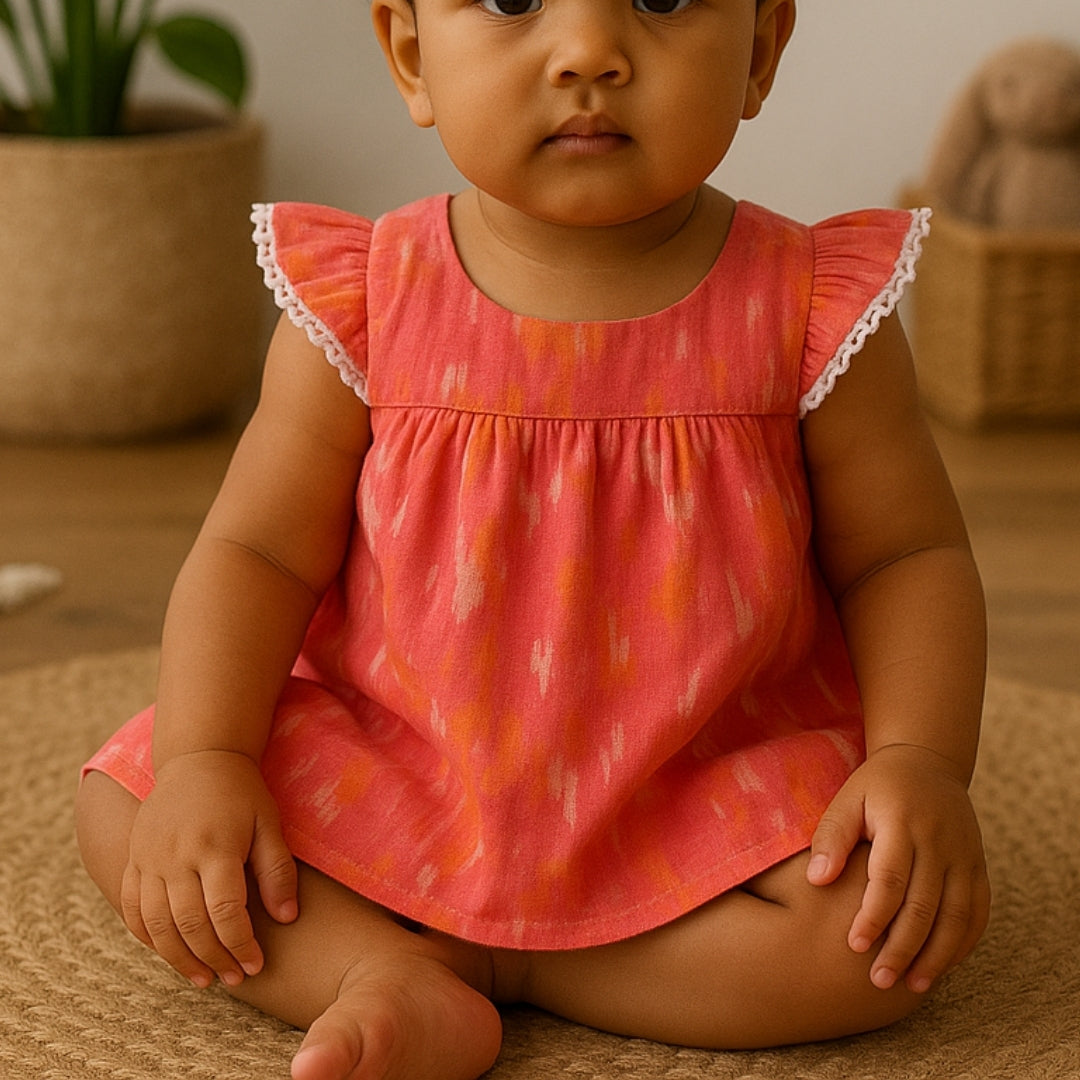 Girls Frill Sleeve Ikat Dress -Cotton, Pre-Washed & Toxin-Free