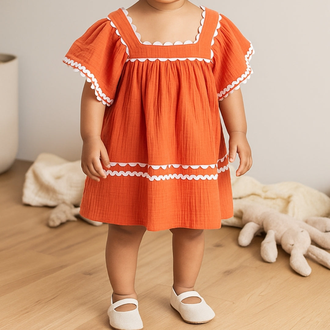 Cotton Frill Sleeve Dress for Girls - Soft Muslin, Pre-Washed