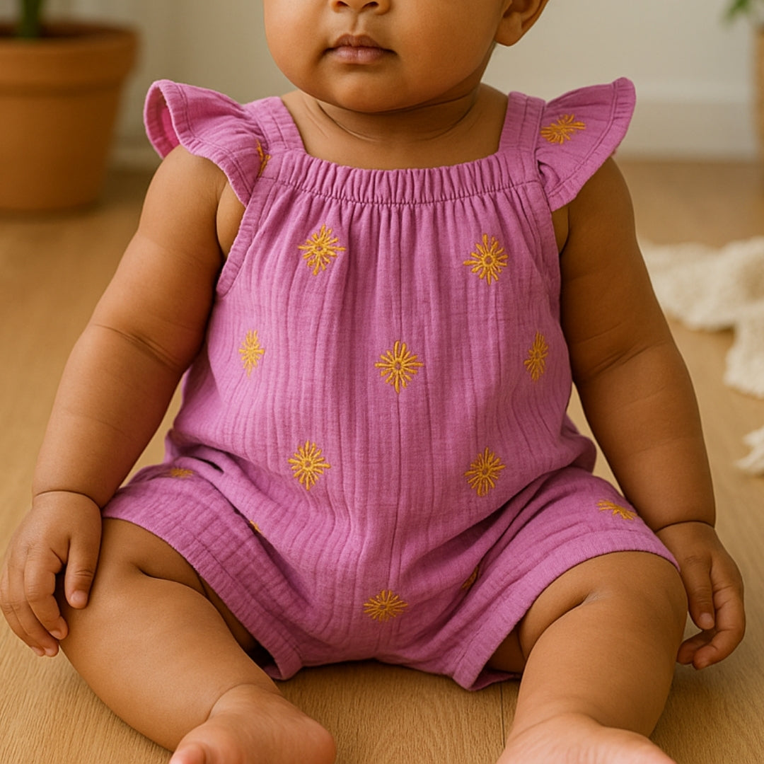 Girls Frill Sleeve Muslin Romper - Eco Cotton, Softner Washed