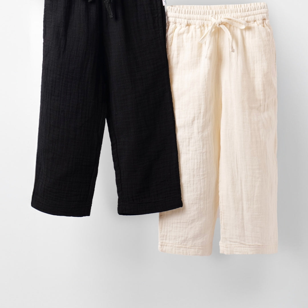 Kids Straight Fit Muslin Pants Combo  - Elastic waist & Prewashed