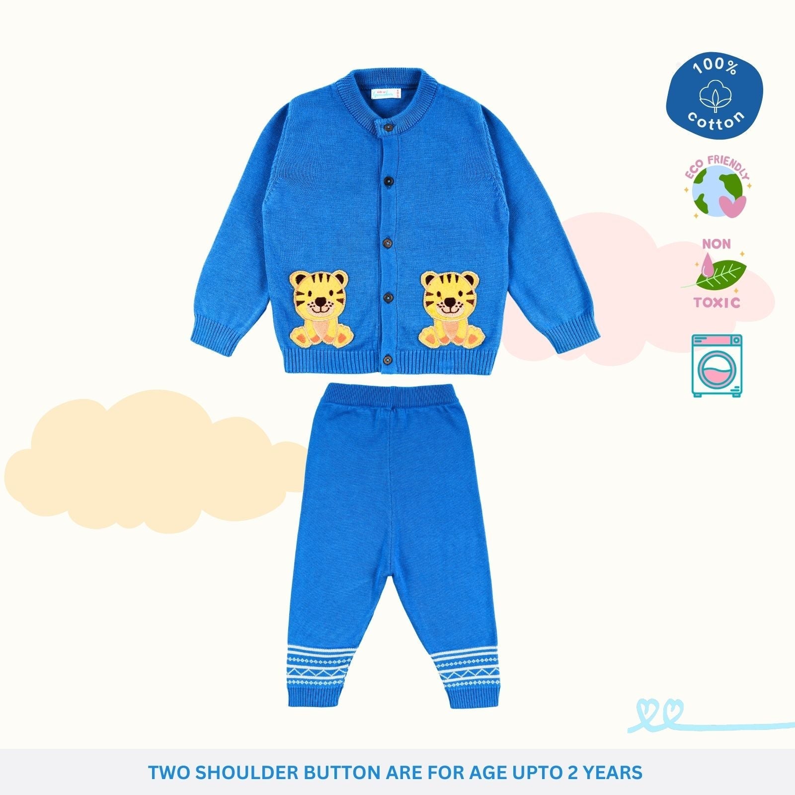 100% Cotton Smiley Tiger Pocket Sweater - Greek Blue with Lower Set of 2