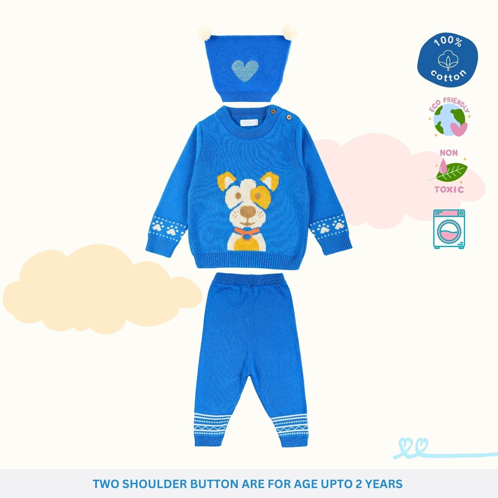 Jaunty Reindeer 100% Cotton Jacquard Sweater - Greek Blue with Lower & Cap Set of 3