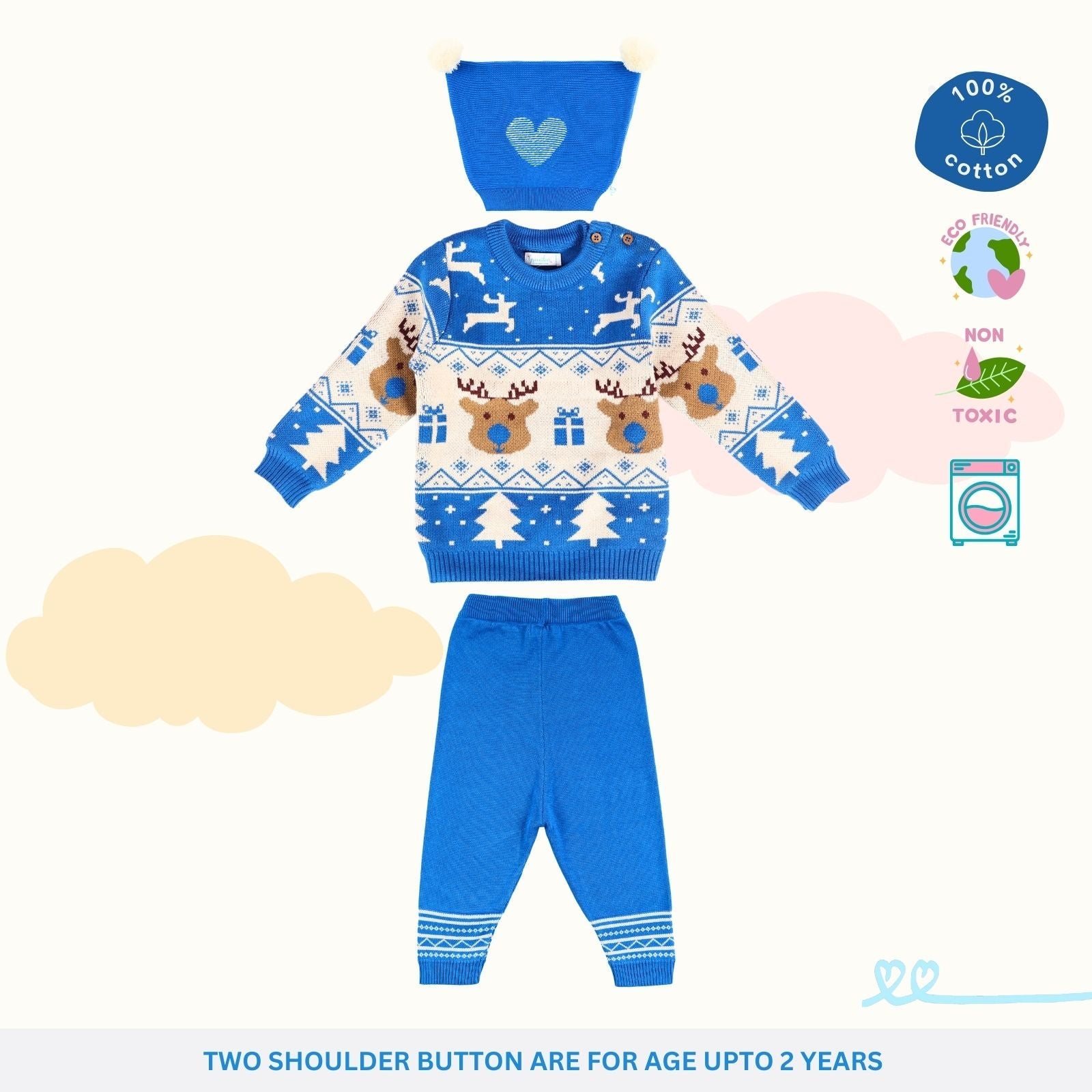 Jaunty Reindeer 100% Cotton Jacquard Sweater - Greek Blue with Lower & Cap Set of 3