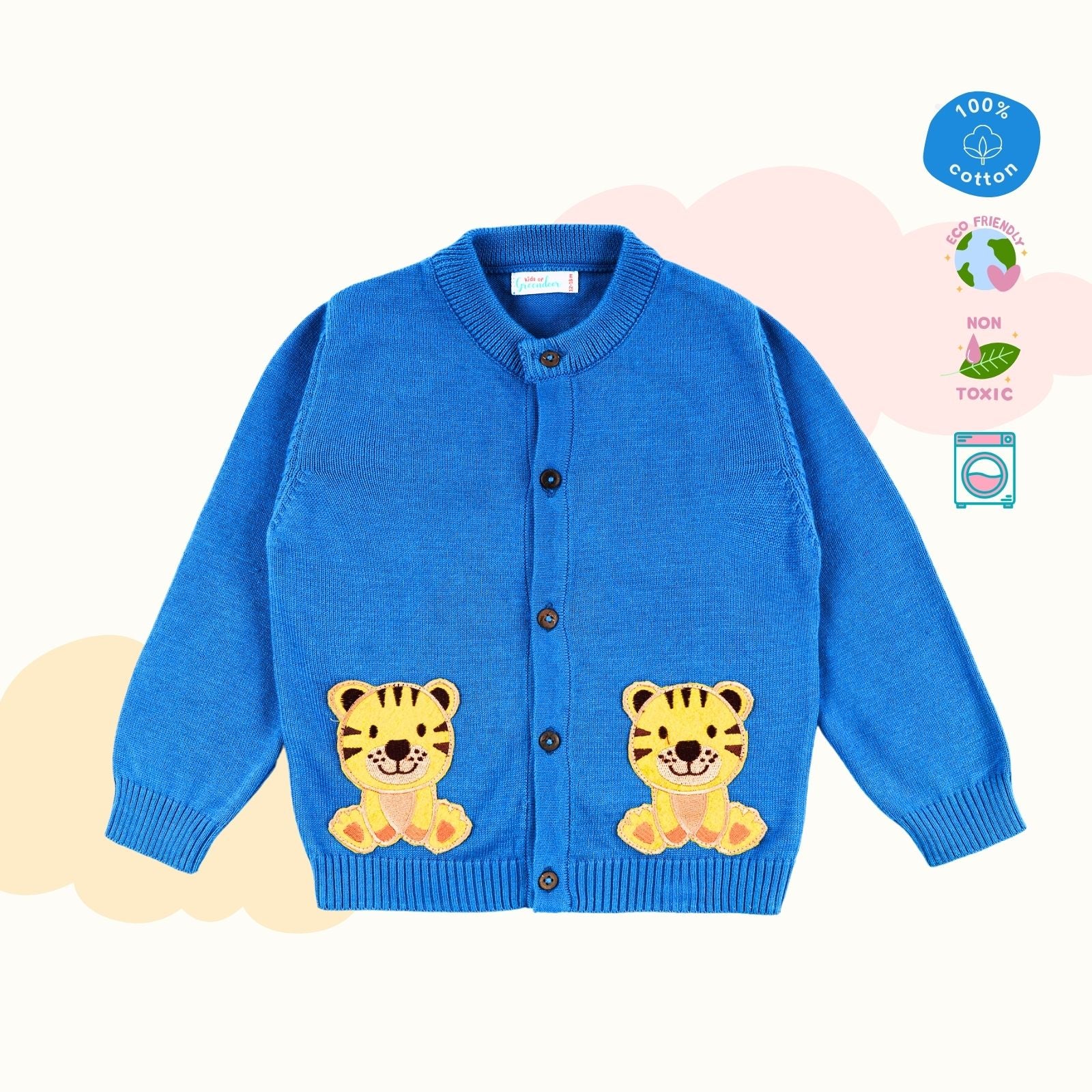 100% Cotton Smiley Tiger Pocket Sweater - Greek Blue