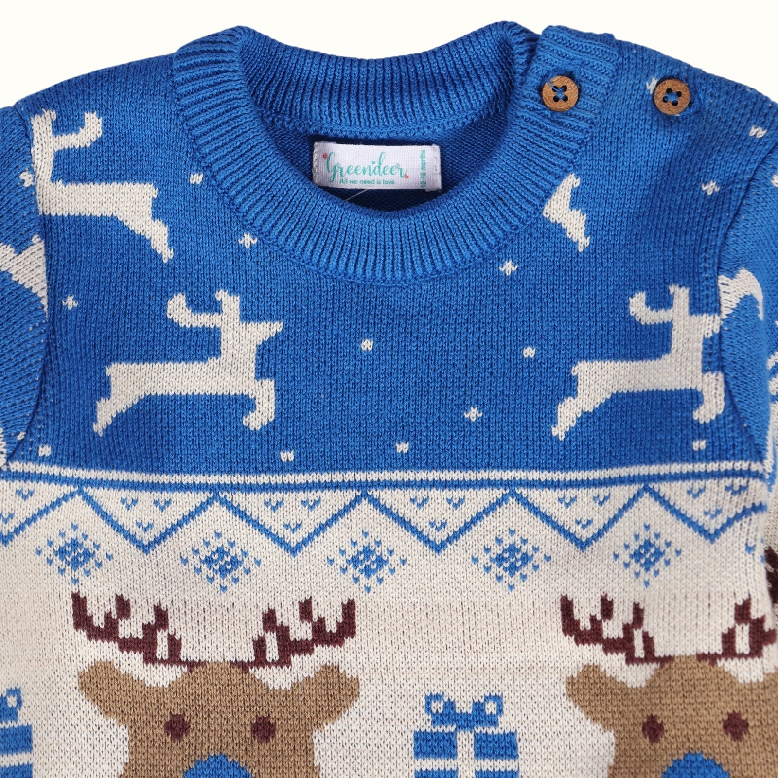 Greendeer Jaunty Reindeer 100% Cotton Jacquard Sweater with Lower - Greek Blue