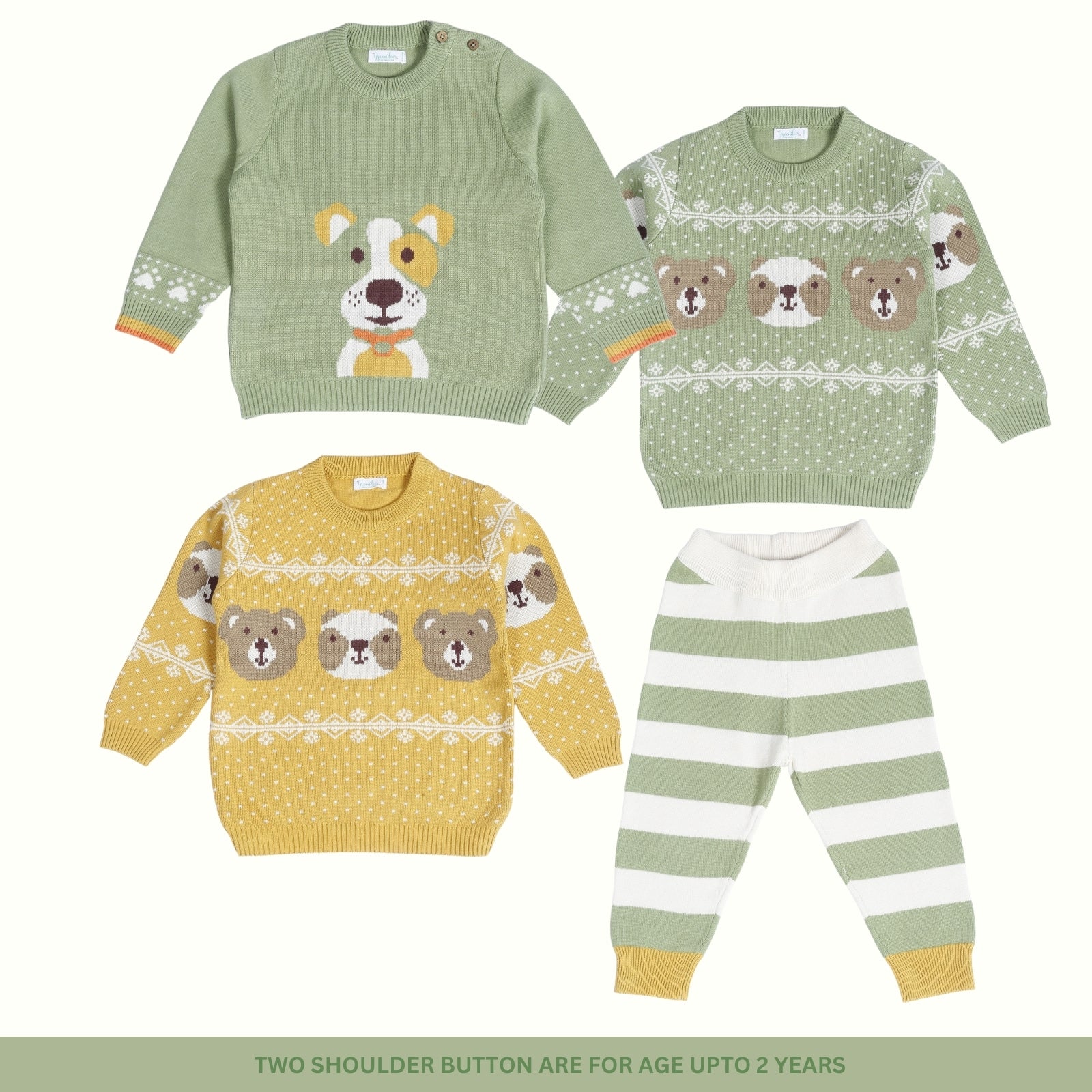 Greendeer Enchanting Bear & Cheerful Dog 100% Cotton Sweater with Lower Set of 4