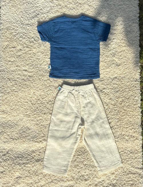 Resort 3/4th Placket Kurta Shirt with Resort Pant Greek Blue & White