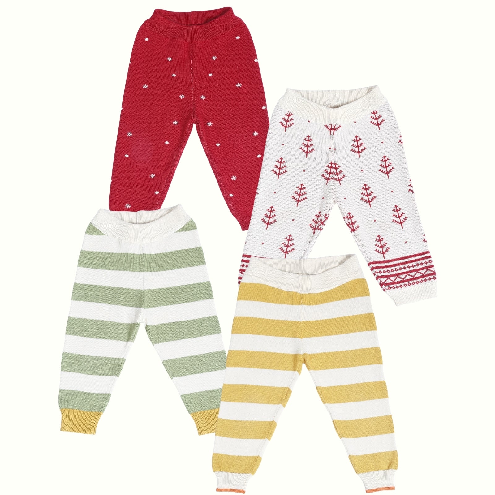 Greendeer Cherry Red Snow Fall, Green & Yellow  Stripe & Red Pine Tree 100% Cotton Lower Set of 4