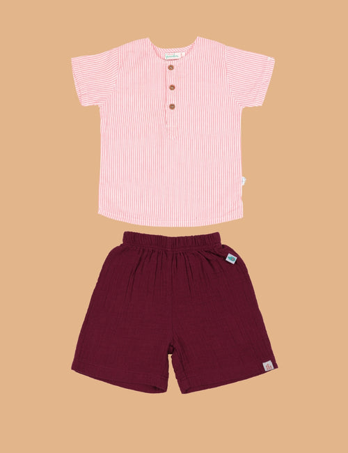 Kids of Greendeer Resort 3/4th Placket Kurta Shirt with Resort Short Pink & Burgundy