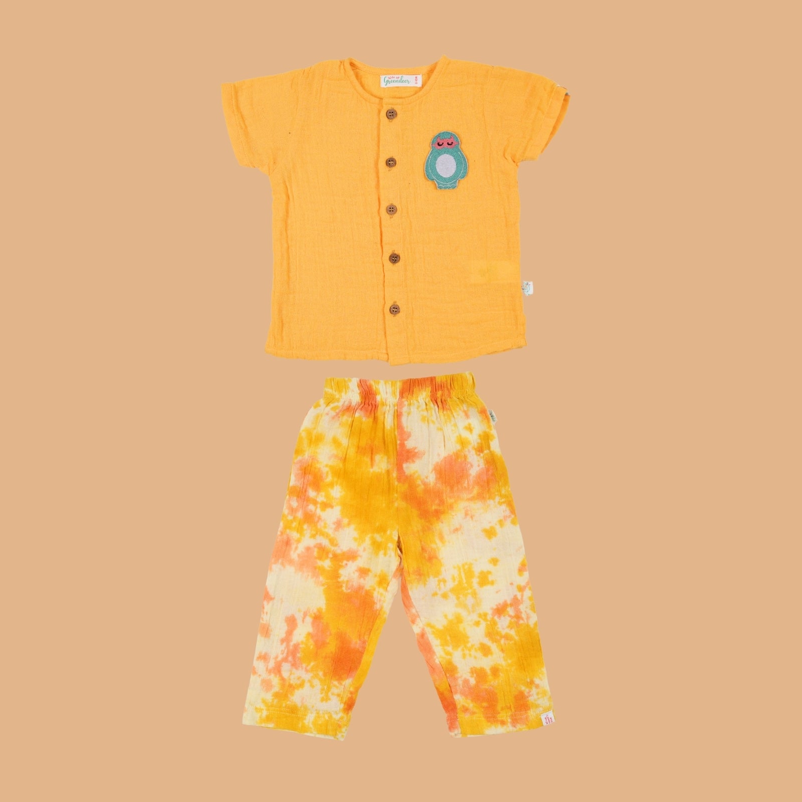 Kids of Greendeer Resort 3/4th Placket Kurta Shirt with Resort Pant Yellow & Orange