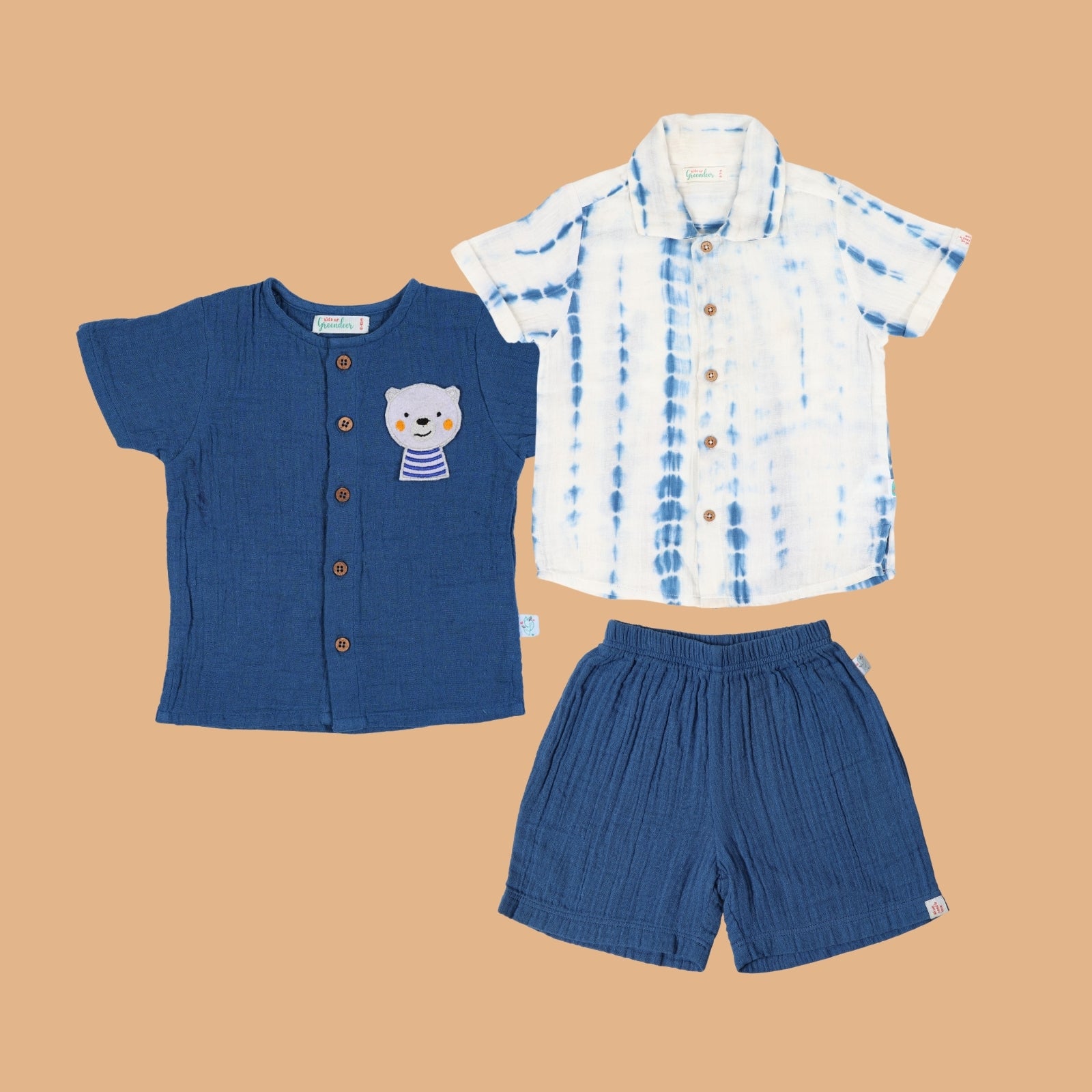 Kids of Greendeer Resort Front Open & Collar Shirt with Shorts Set of 3 Greek Blue