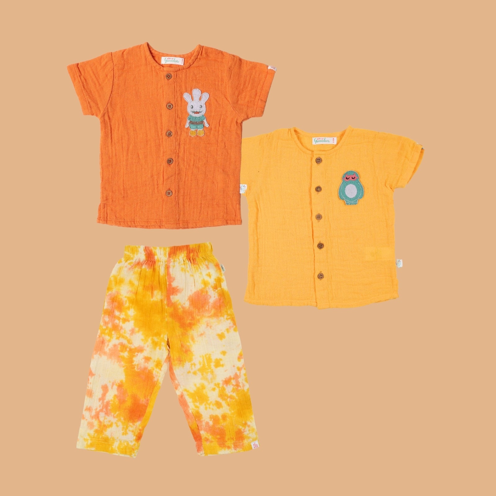Kids of Greendeer Resort Front Open Shirt with Pant Set of 3 Orange & Yellow