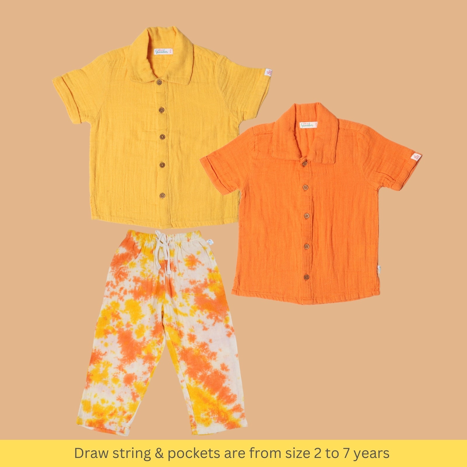 Kids of Greendeer Resort Collar Shirt with Pant Set of 3 Orange & Yellow