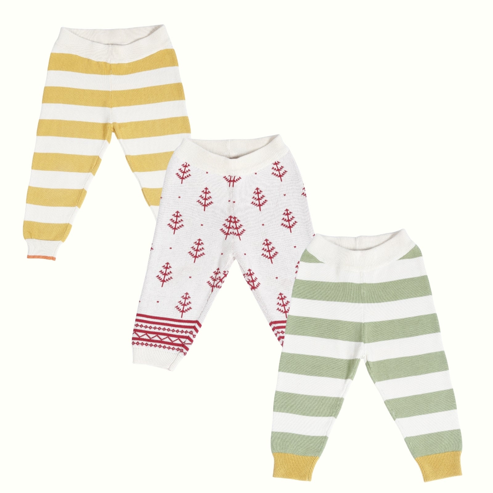 Greendeer Green & Yellow  Stripe & Red Pine Tree 100% Cotton Lower Set of 3