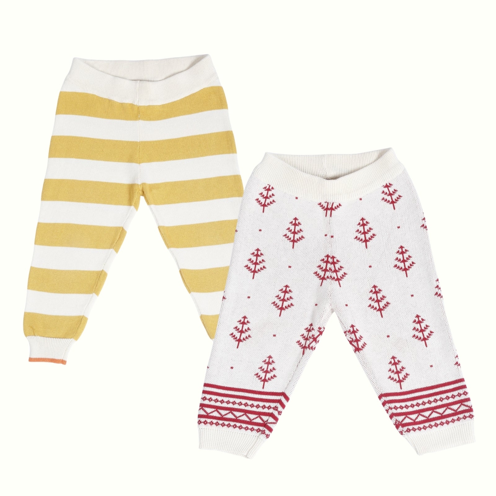 Greendeer Cherry Red Snow Fall & Yellow Stripe 100% Cotton Lower Set of 2