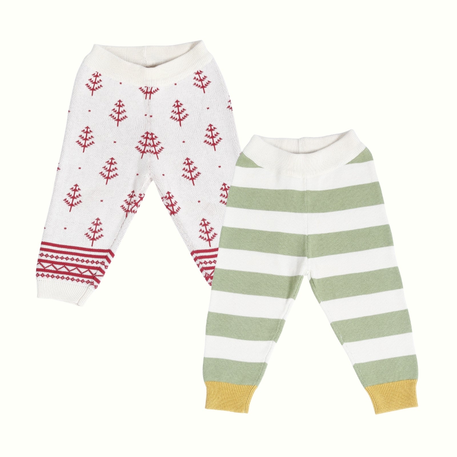 Greendeer Yellow Stripe & Red Pine Tree 100% Cotton Lower Set of 2