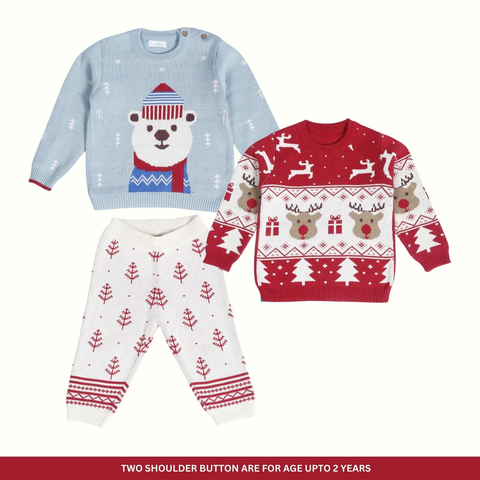 Greendeer Jaunty Reindeer & Hearth Warming Bear 100% Cotton Sweater with Lower Set of 3