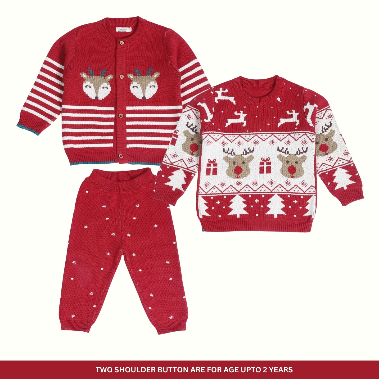 Greendeer Jaunty Reindeer & Joyful Reindeer 100% Cotton Sweater with Red Lower Set of 3
