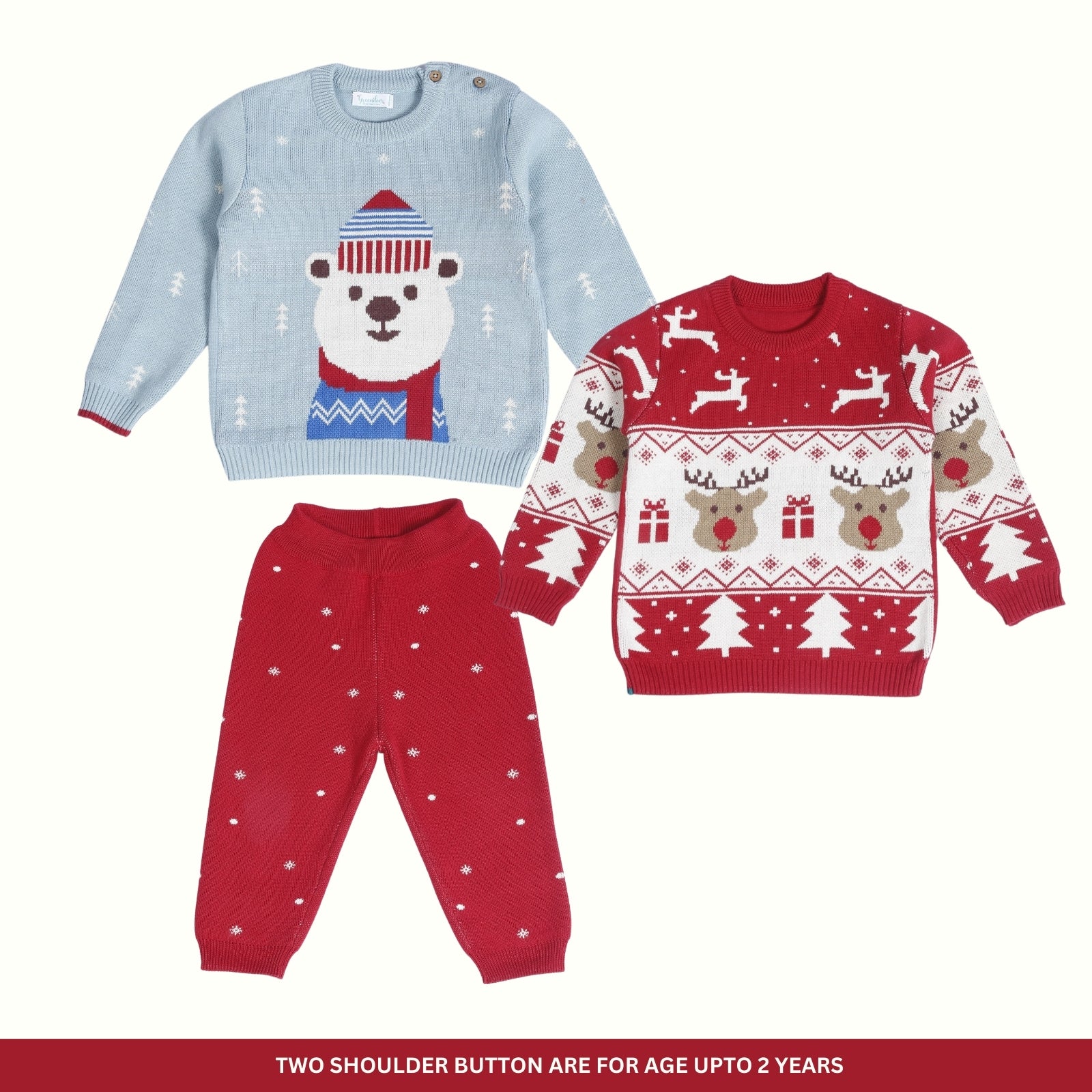 Greendeer Jaunty Reindeer & Hearth Warming Bear 100% Cotton Sweater with  Red Lower Set of 3