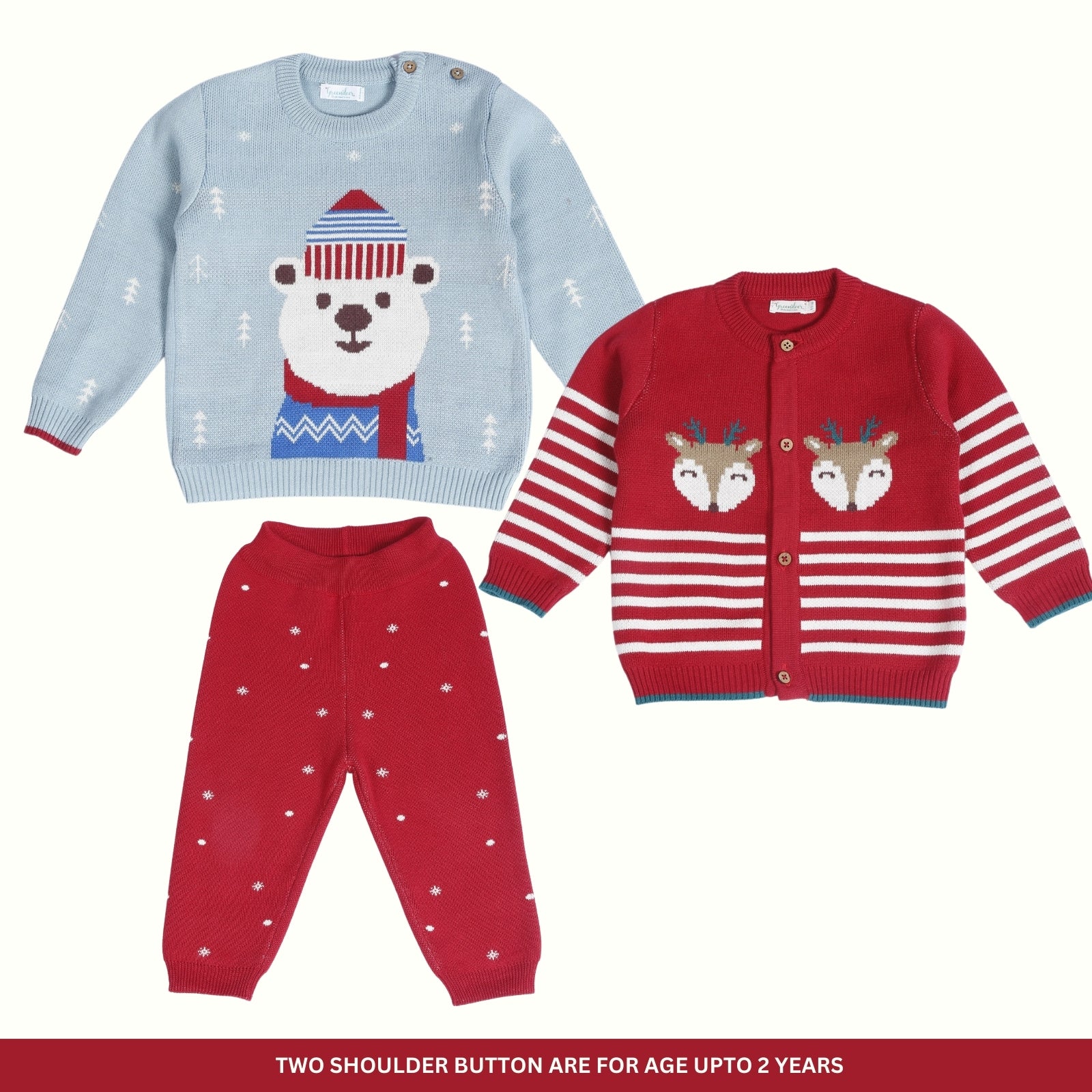 Copy of Greendeer Jaunty Reindeer & Joyful Reindeer 100% Cotton Sweater with Red Lower Set of 3