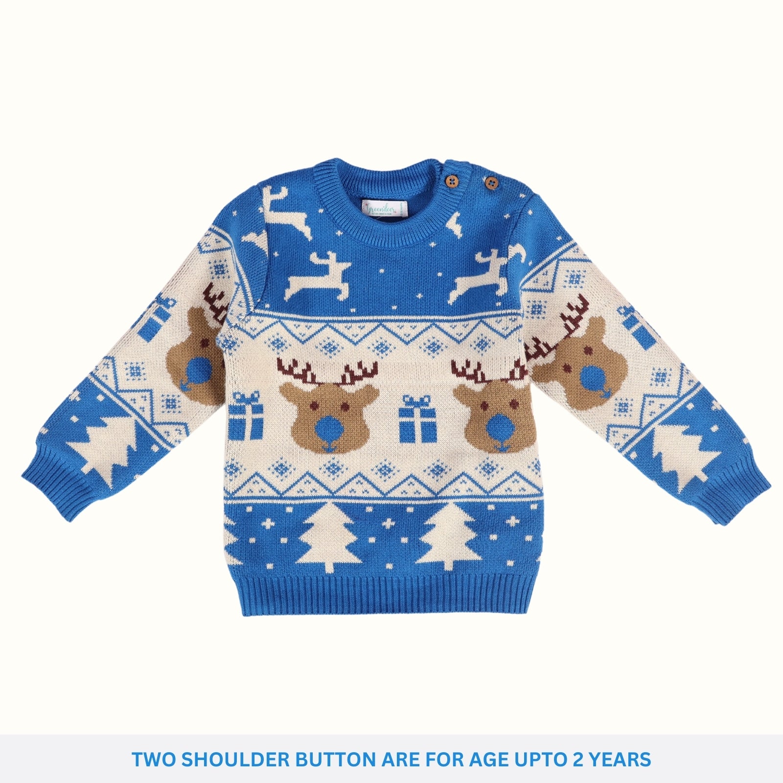 Greendeer Jaunty Reindeer 100% Cotton Jacquard Sweater - Greek Blue