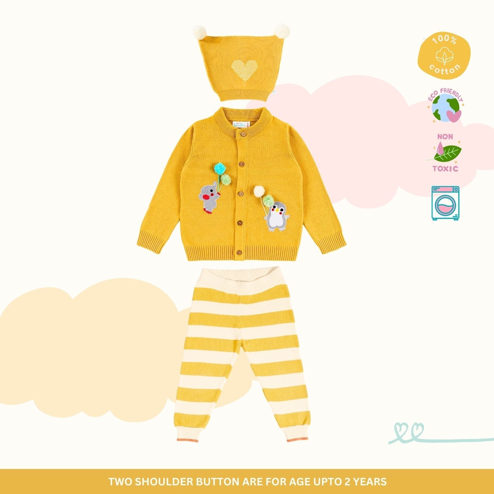 100% Cotton Snuggly Sweater - Mustard with Lower & Cap Set of 3