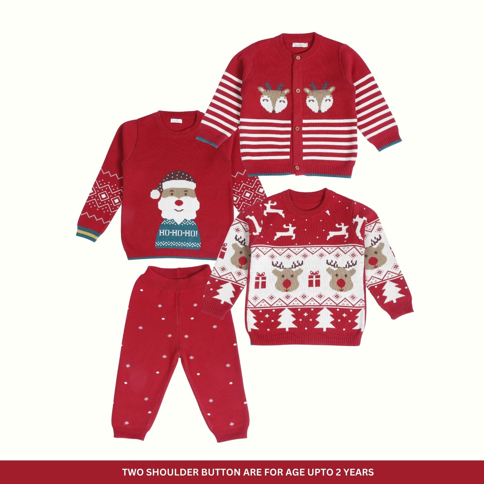 Greendeer Santa & Jaunty/Joyful Reindeer 100% Cotton Sweater with Red Lower Set of 4