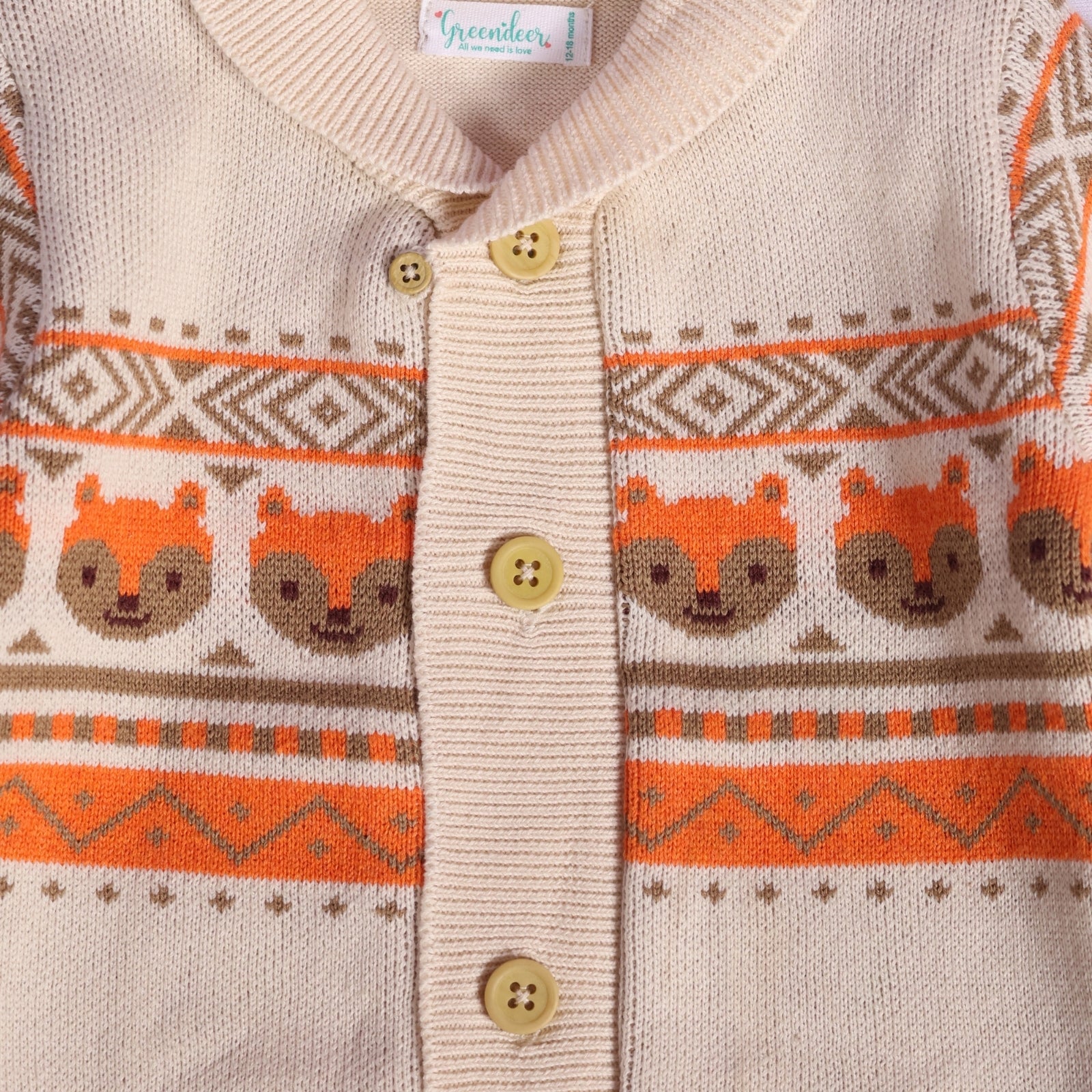 Greendeer Sunny Fox 100% Cotton Jacquard Sweater - Creme & Orange