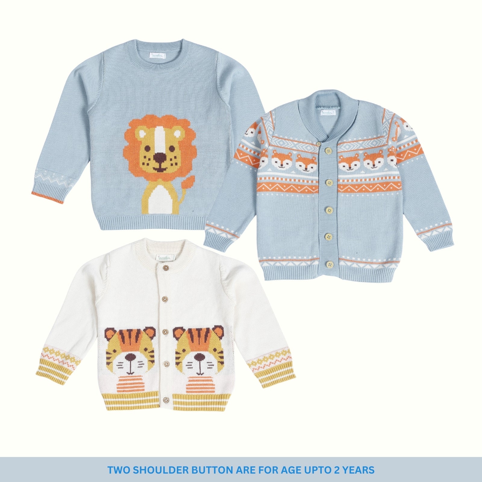 Greendeer Delighted Lion,  Sunny Fox & Adorable Tiger 100% Cotton Sweater Set of 3