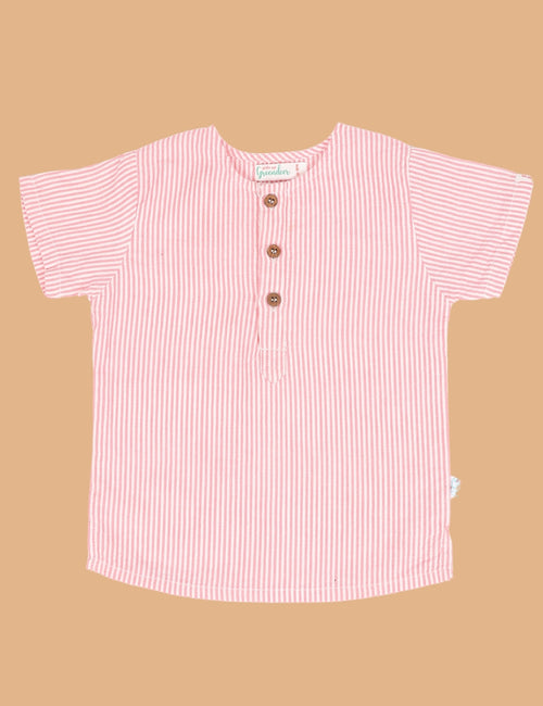 Kids of Greendeer Resort 3/4th Placket 100% Cotton Kurta Shirt Pink & White