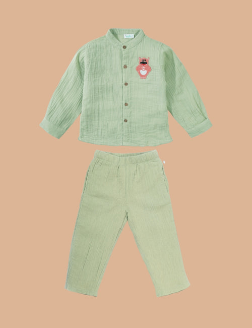 Greendeer Basil Green Crinkle Soft Double Cotton Cord Set