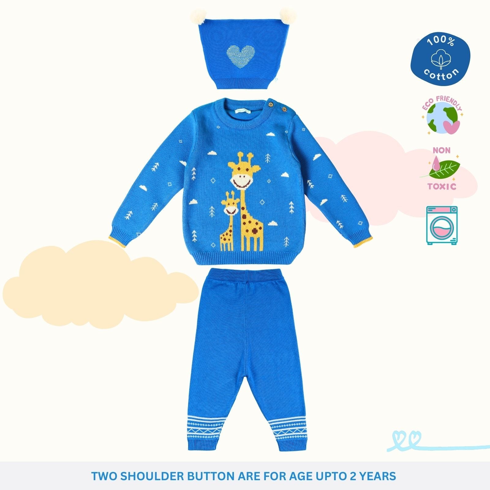 Jaunty Reindeer 100% Cotton Jacquard Sweater - Greek Blue with Lower & Cap Set of 3