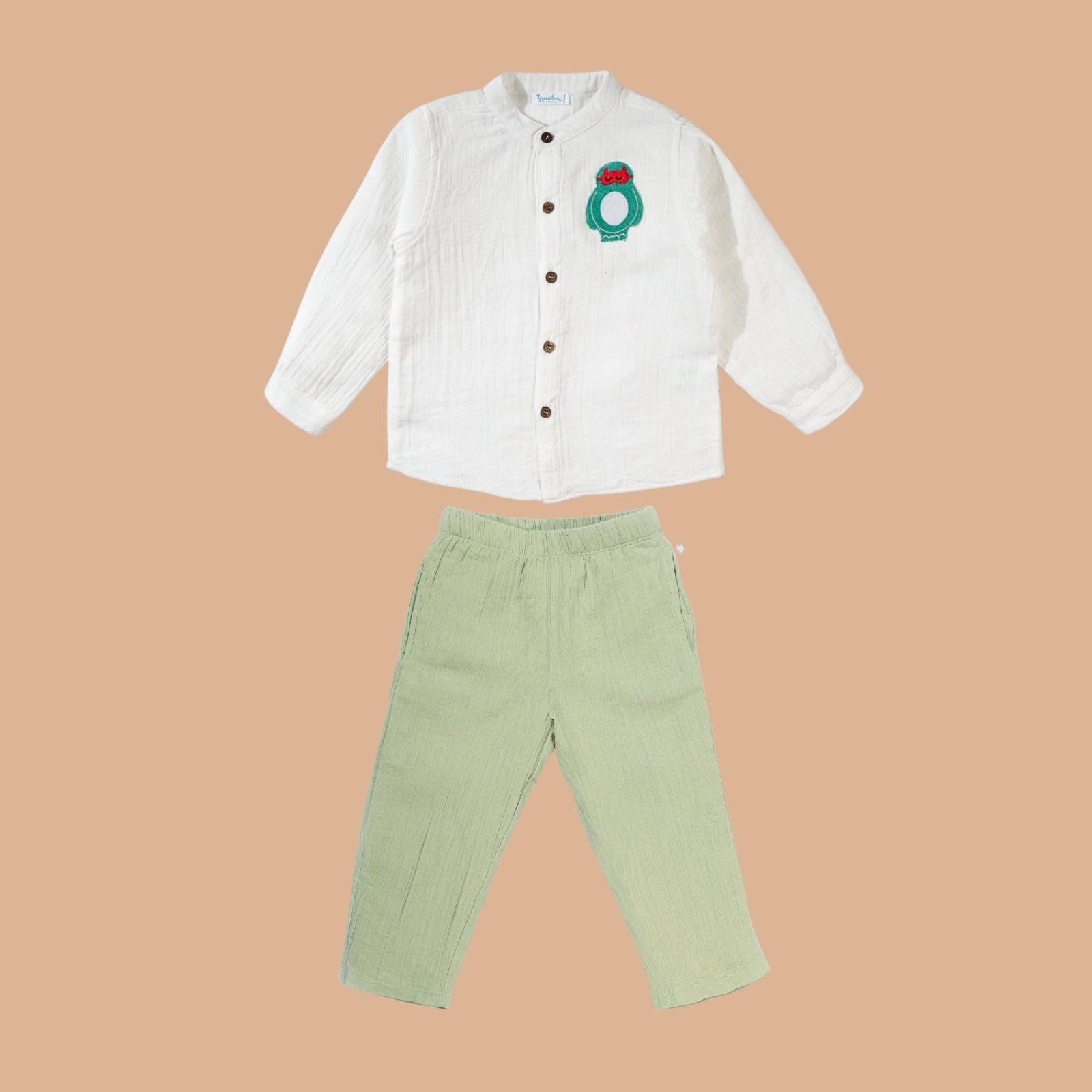 Greendeer White & Basil Green Crinkle Soft Double Cotton Cord Set