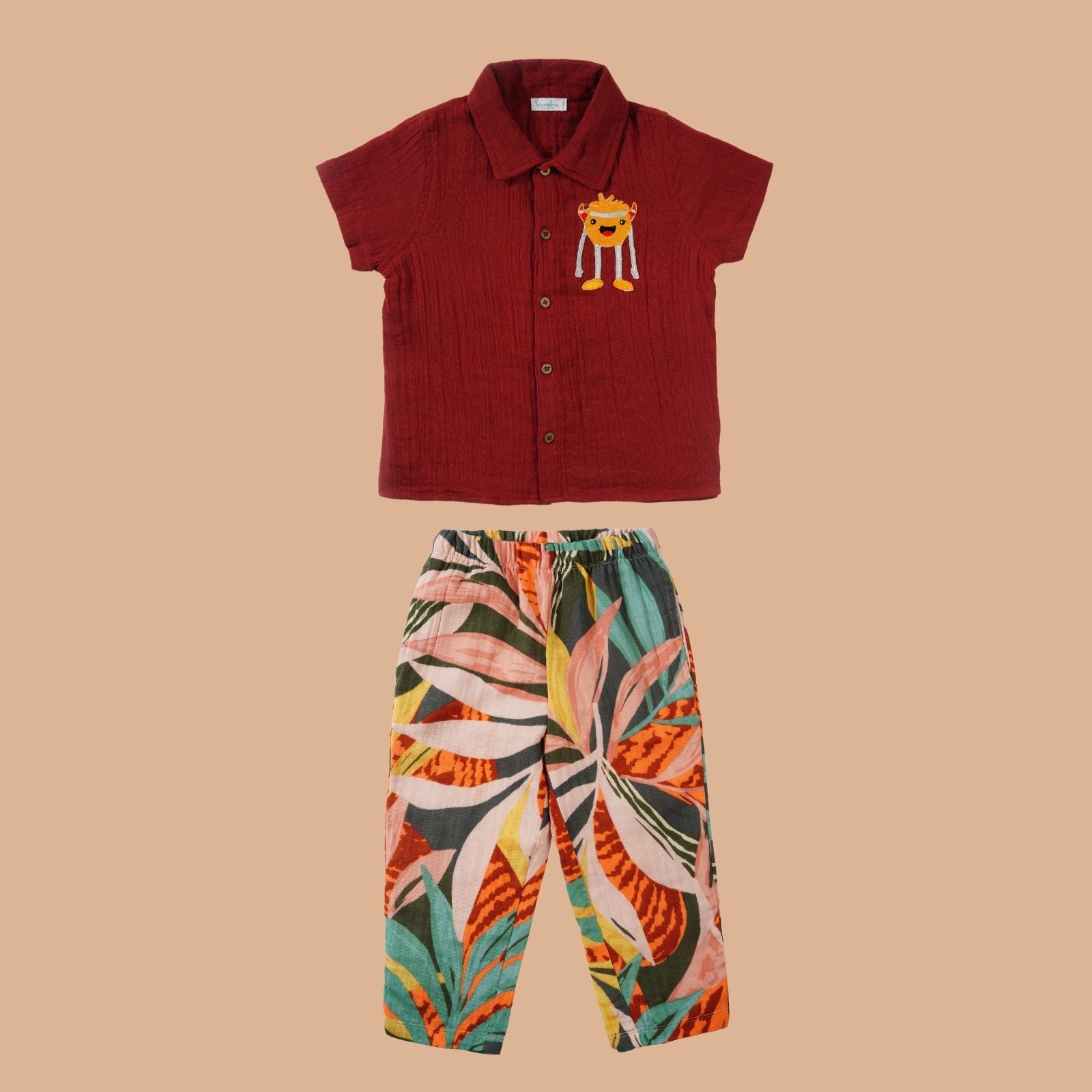 Greendeer Cherry Red Shirt with Jungle Print Pants in Cotton
