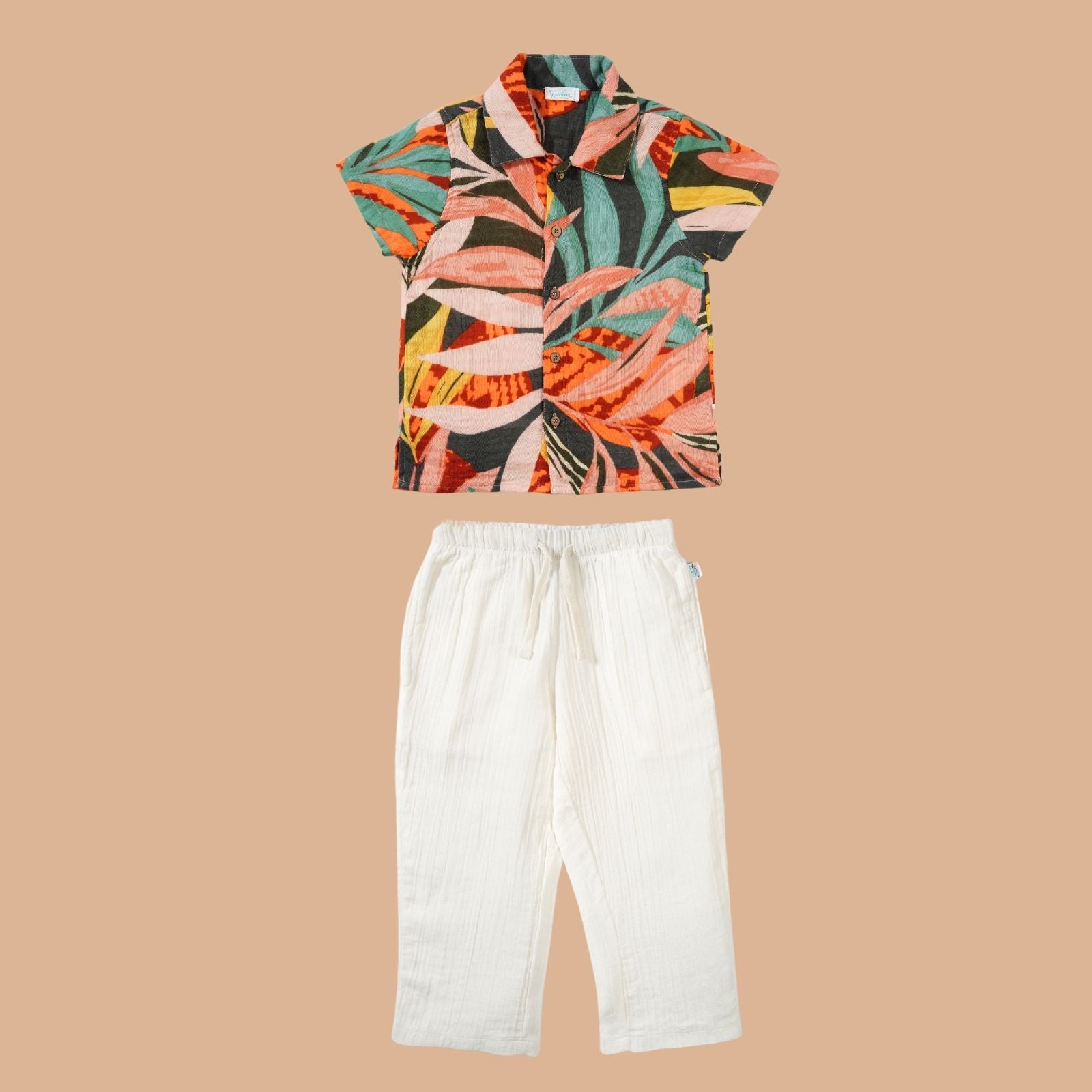 Greendeer Jungle Print Shirt with White Pants in Cotton