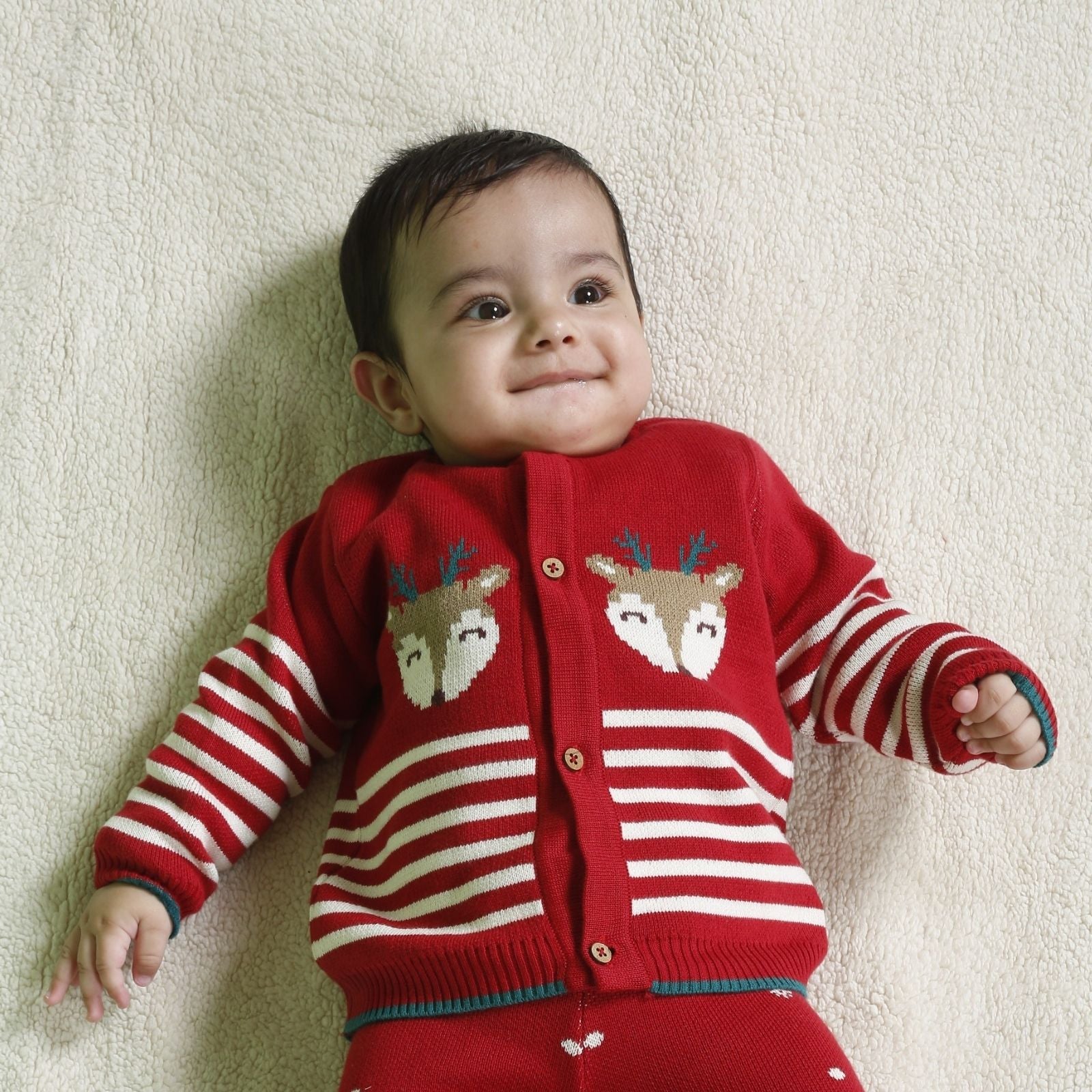 Greendeer Joyful Reindeer Jacquard 100% Cotton Sweater - Cherry Red