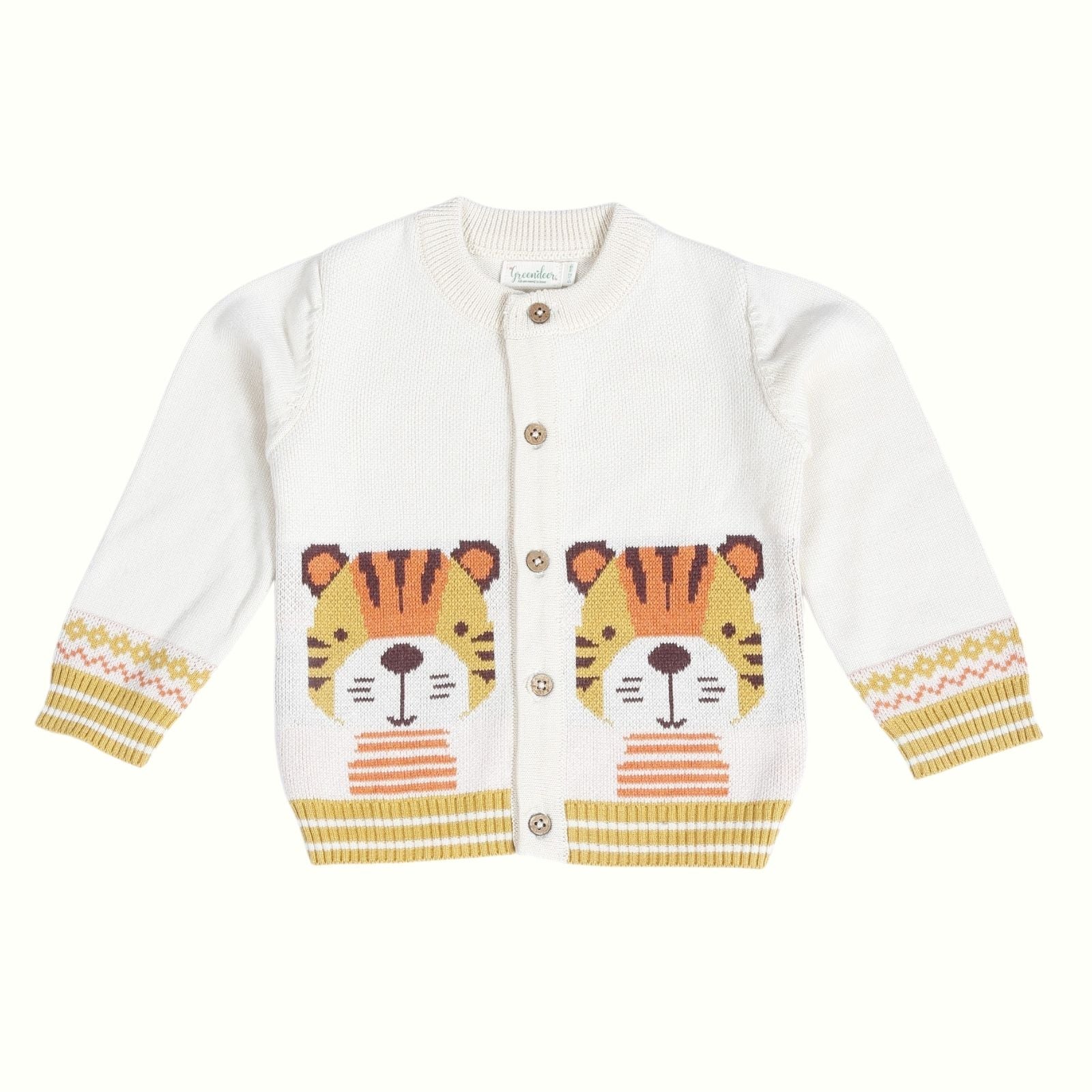 Greendeer Adorable Tiger Jacquard 100% Cotton Sweater - Crème