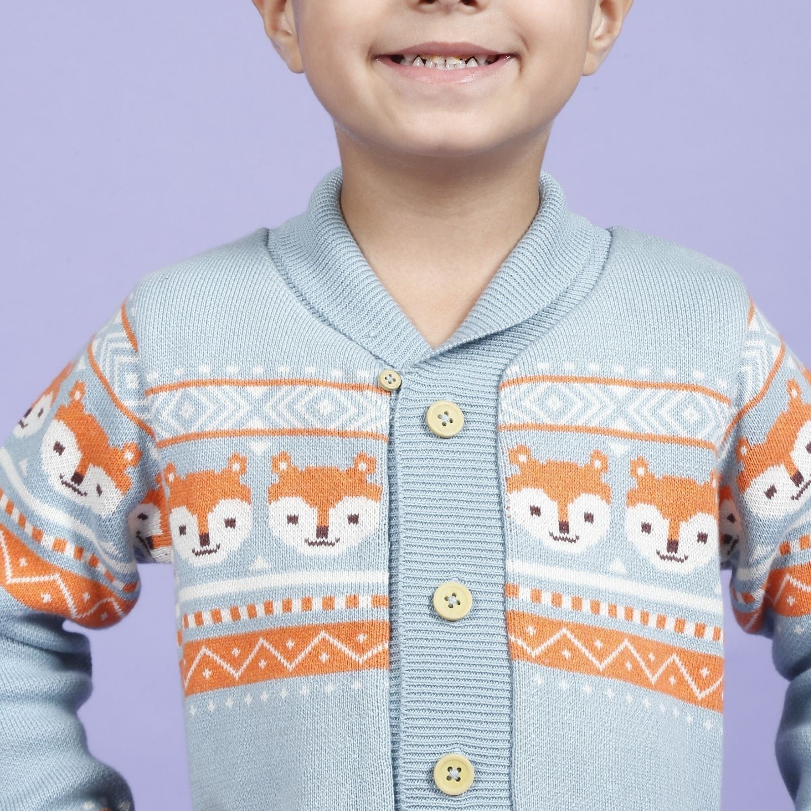 Greendeer Sunny Fox Jacquard 100% Cotton Sweater - Powder Blue & Orange