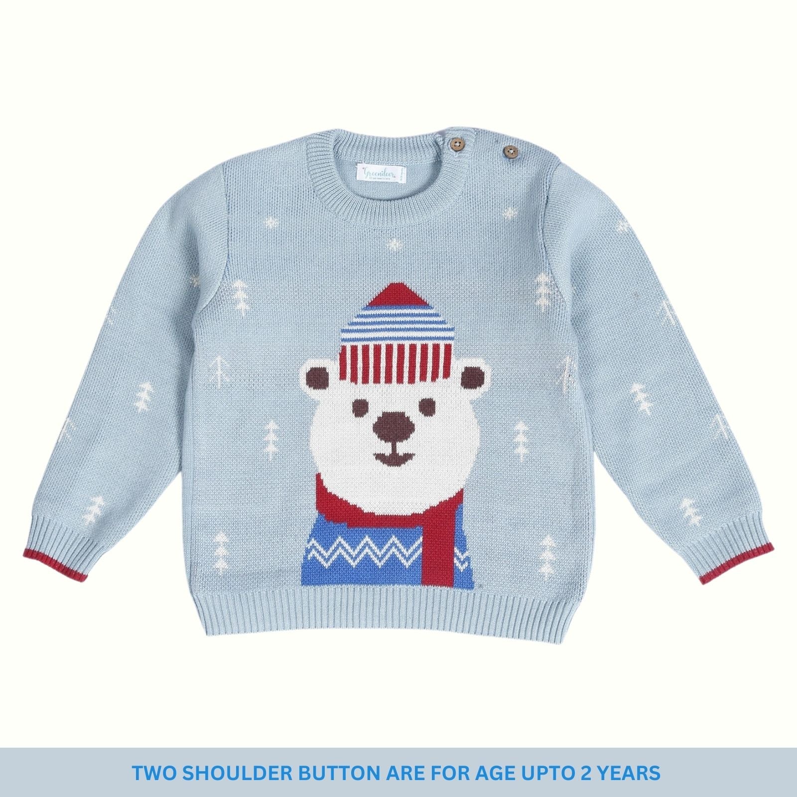 Greendeer Hearth Warming Bear Jacquard 100% Cotton Sweater - Powder Blue