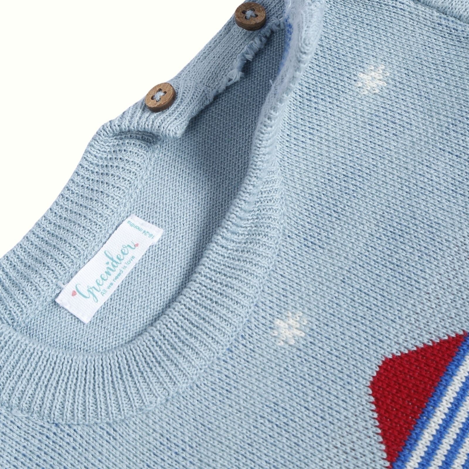 Greendeer Hearth Warming Bear Jacquard 100% Cotton Sweater - Powder Blue