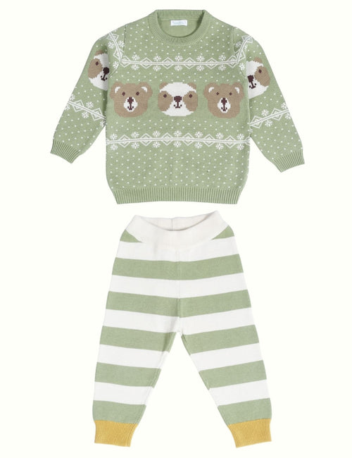 Greendeer Enchanting Bear Jacquard 100% Cotton Sweater with Lower  - Pistachio Green - Set of 2