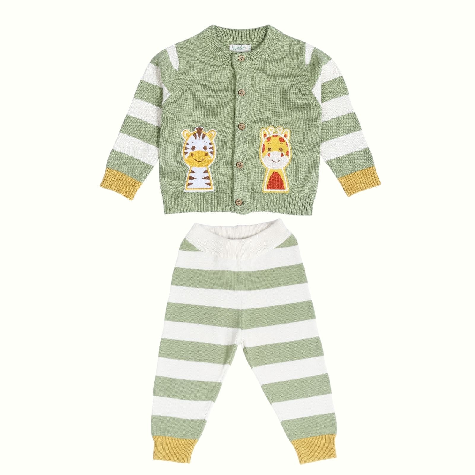 Greendeer Happy Baby Animal Patch 100% Cotton Sweater with Lower  - Pistachio Green - Set of 2