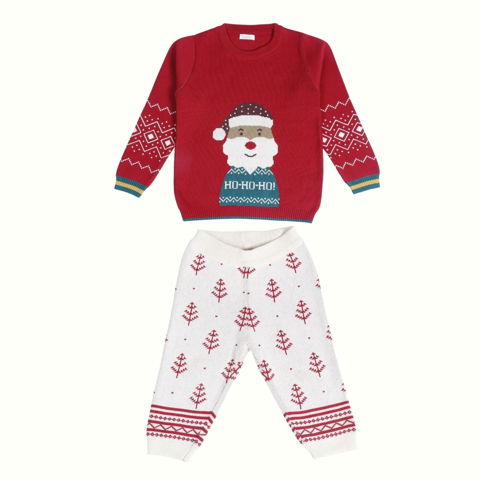 Greendeer Santa Jacquard 100% Cotton Sweater with Lower - Crème & Cherry Red - Set of 2
