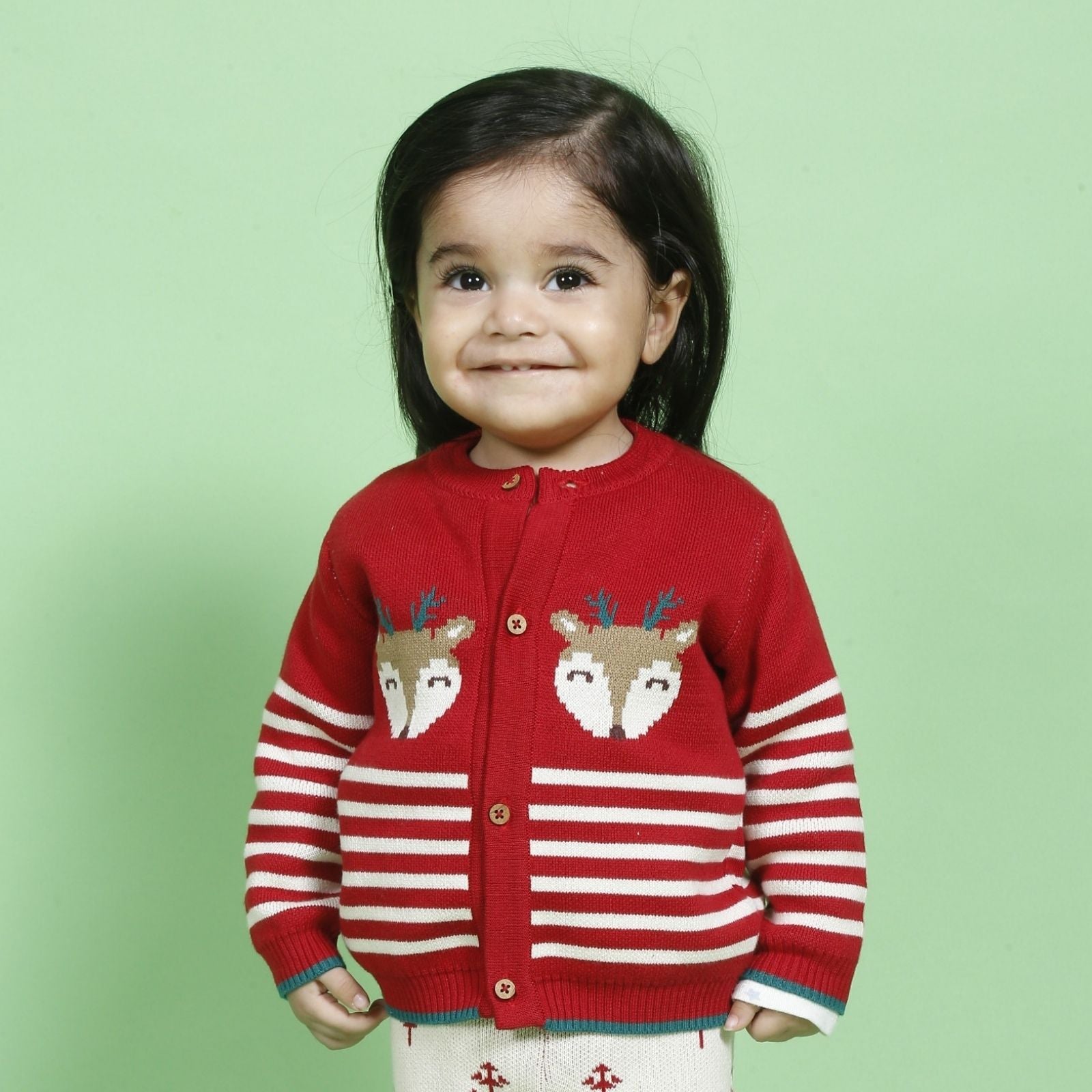 Greendeer Joyful Reindeer Jacquard 100% Cotton Sweater with Lower  - Cherry Red - Set of 2