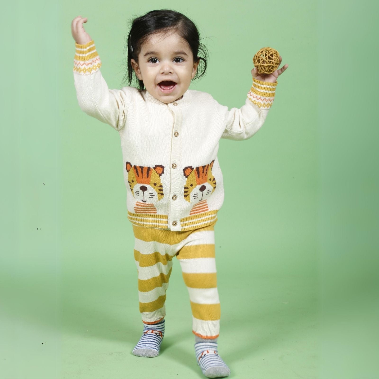 Greendeer Adorable Tiger Jacquard 100% Cotton Sweater with Lower - Crème & Mimosa Yellow - Set of 2